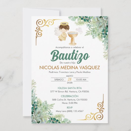 Uitnodiging Bautizo in Spaanse doop Groene bladere (Voorkant)