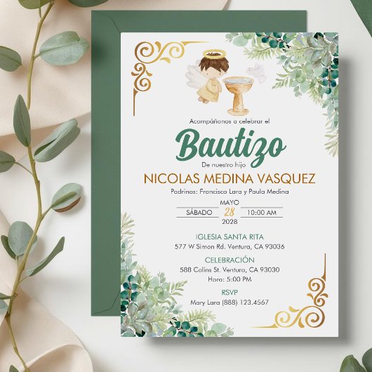 Uitnodiging Bautizo in Spaanse doop Groene bladere