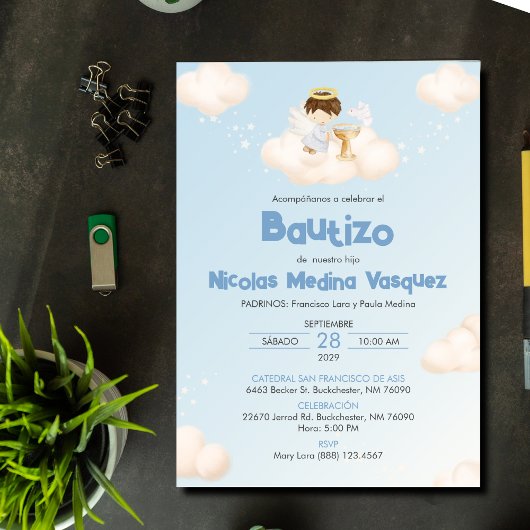 Uitnodiging Bautizo Jongen Engel Katholiek Doop