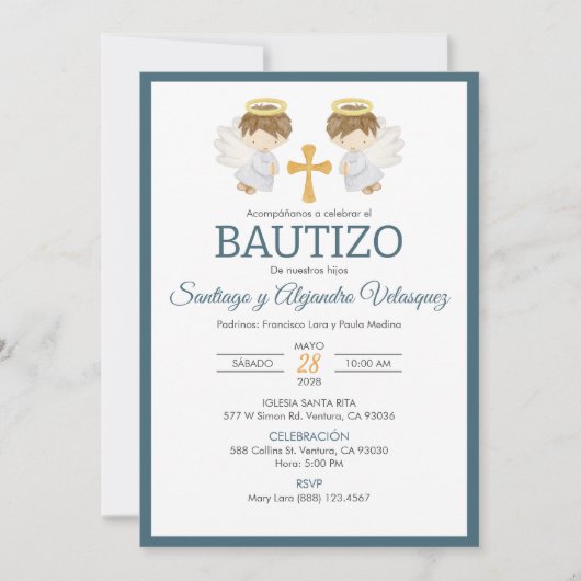 Uitnodiging Bautizo jongensdoop Schattige Twin Ang (Voorkant)