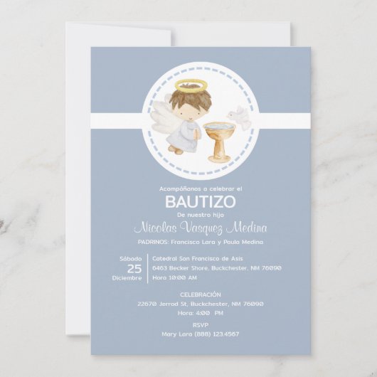 Uitnodiging Bautizo Jongensengel Schattige Doop Ka (Voorkant)
