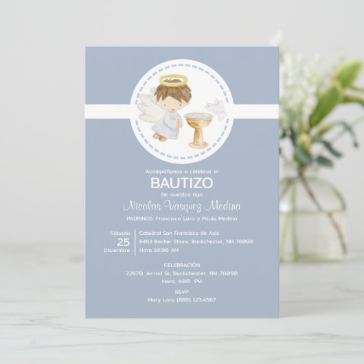 Uitnodiging Bautizo Jongensengel Schattige Doop Ka (Staand voorkant)