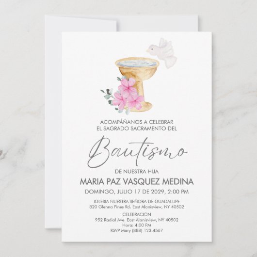 Uitnodiging Bautizo Kelk Roze Bloemen Doop (Voorkant)