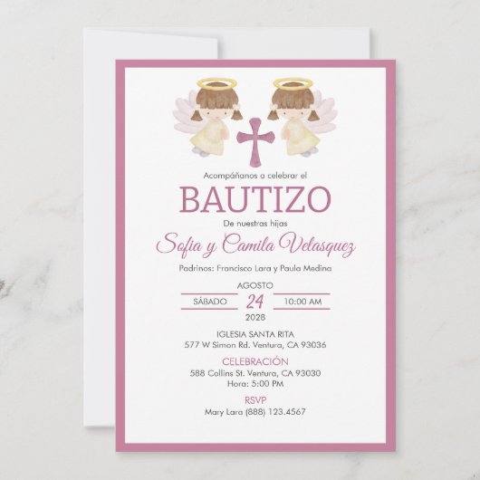 Uitnodiging Bautizo meisjes Doop Schattige Twin An (Voorkant)