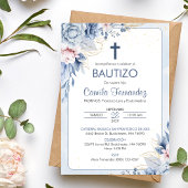 Uitnodiging Bautizo Religieus Blauw Bloemen Doop