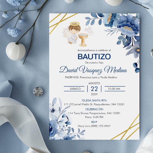Uitnodiging Bautizo Schattige Bloemen Jongensengel
