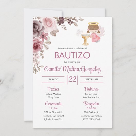 Uitnodiging Bautizo Schattige Bloemen Meisje Engel (Voorkant)