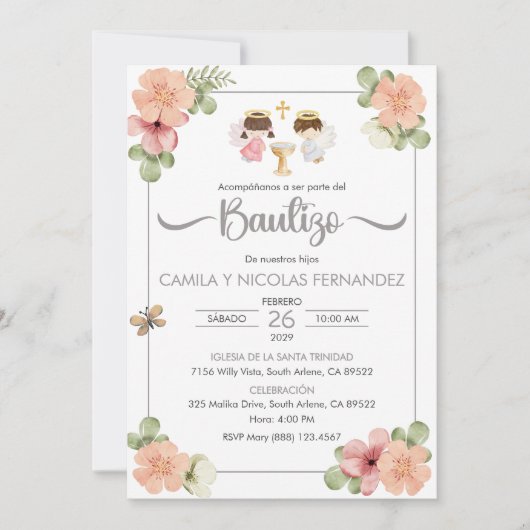 Uitnodiging Bautizo Spaans Schattige Tweeling Enge (Voorkant)