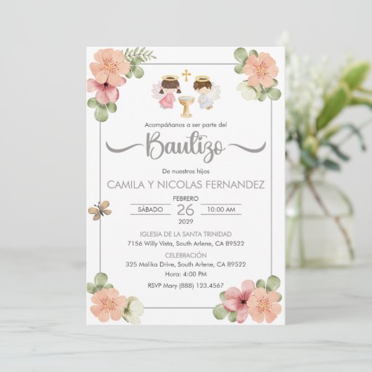 Uitnodiging Bautizo Spaans Schattige Tweeling Enge (Staand voorkant)