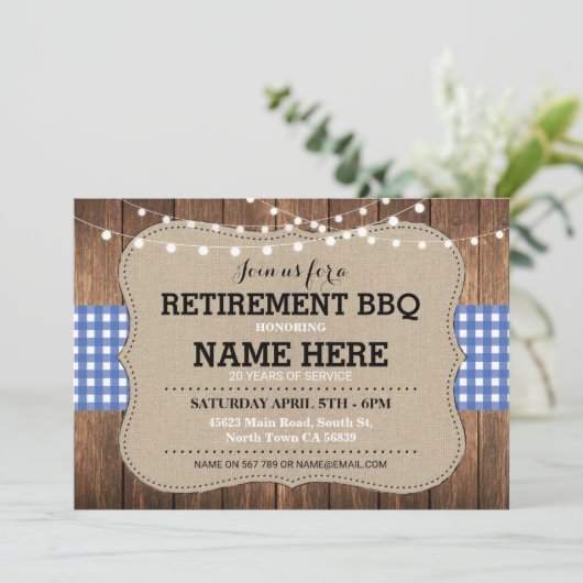 Uitnodiging BBQ in ruste Partij Blue Gingham (Staand voorkant)