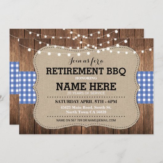 Uitnodiging BBQ in ruste Partij Blue Gingham (Voorkant / Achterkant)