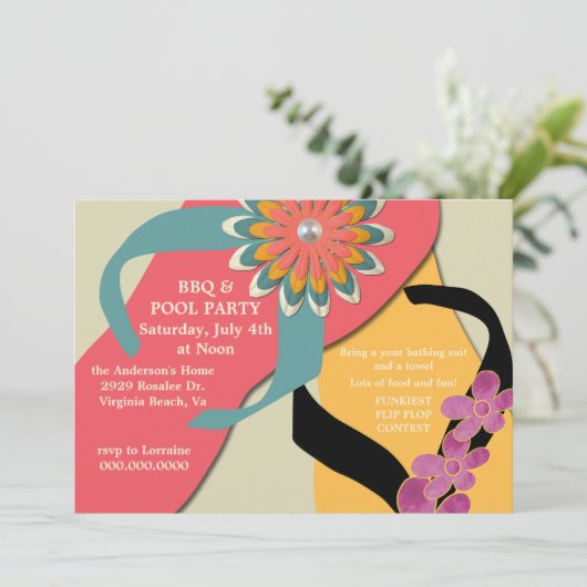 Uitnodiging BBQ & Pool Party Flip Flop (Staand voorkant)