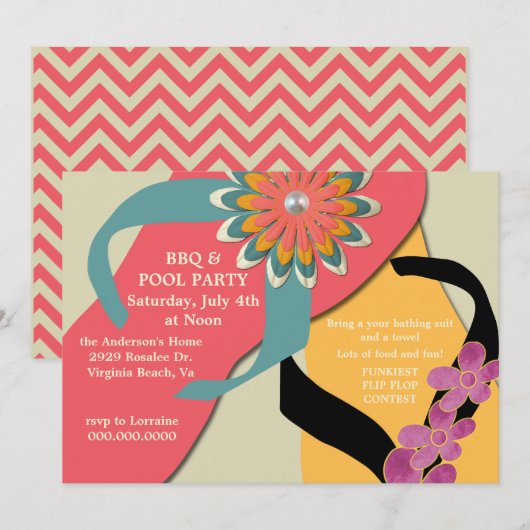 Uitnodiging BBQ & Pool Party Flip Flop (Voorkant / Achterkant)