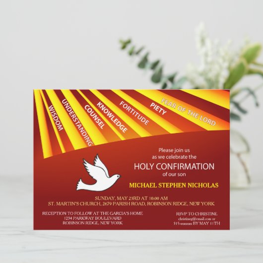 Uitnodiging Bevestiging Goud en Rode Stralen (Staand voorkant)