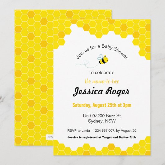 Uitnodiging bijen Baby shower (Voorkant / Achterkant)
