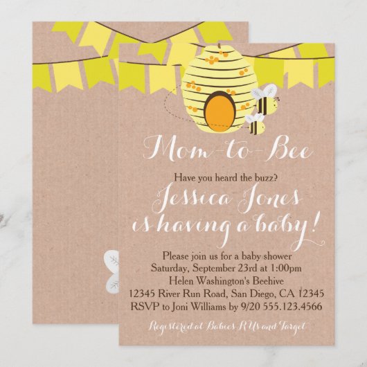 Uitnodiging bijen Baby shower (Voorkant / Achterkant)