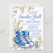 Uitnodiging Blauw Gouden Sneaker Bal Verjaardagsfe (Voorkant)