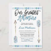 Uitnodiging blauwe avontuur jongens babyshower (Voorkant)