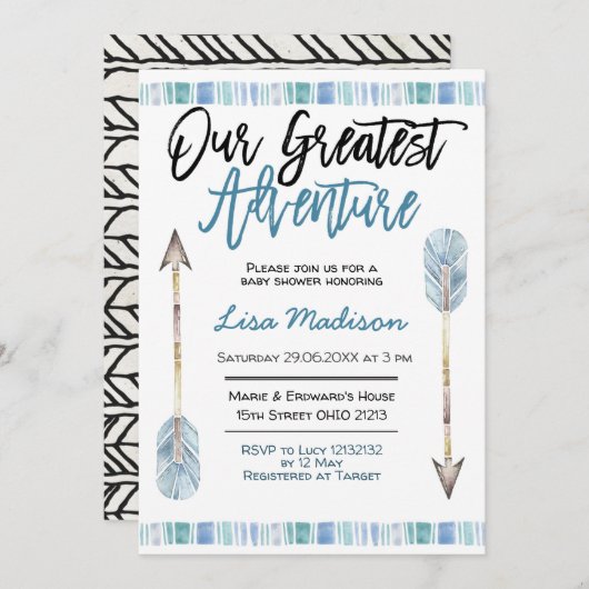 Uitnodiging blauwe avontuur jongens babyshower (Voorkant / Achterkant)