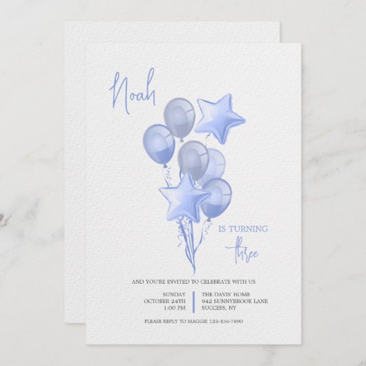 Uitnodiging Blauwe Ballonnen (Voorkant / Achterkant)