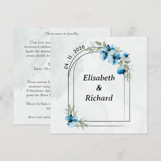 Uitnodiging "Blauwe bloemen" (Voorkant / Achterkant)