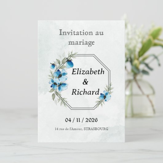 Uitnodiging "Blauwe bloemen" (Staand voorkant)