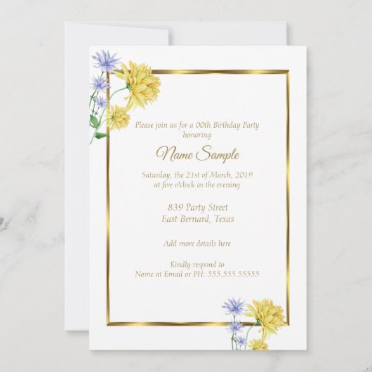 Uitnodiging Blauwe Gele Bloemen Gouden Verjaardags (Achterkant)