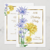 Uitnodiging Blauwe Gele Bloemen Gouden Verjaardags (Voorkant / Achterkant)