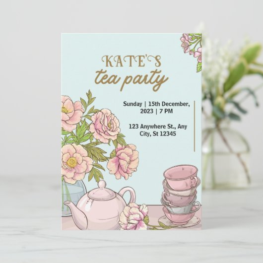 Uitnodiging Blauwe Mint Bloem Thee Feestje (Staand voorkant)