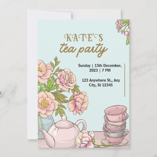 Uitnodiging Blauwe Mint Bloem Thee Party (Voorkant)