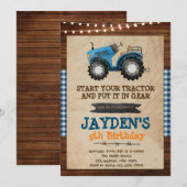 Uitnodiging blauwe tractor verjaardagsfeestje (Voorkant / Achterkant)