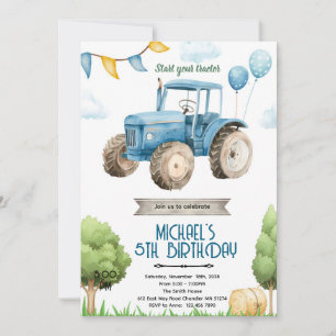 Uitnodiging blauwe tractor verjaardagsfeestje