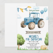 Uitnodiging blauwe tractor verjaardagsfeestje (Voorkant / Achterkant)