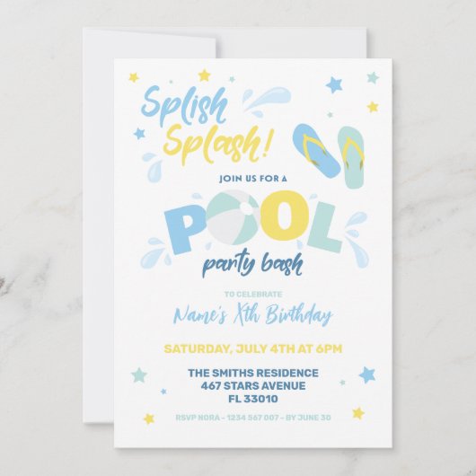Uitnodiging Blauwe Zwembadfeestje (Voorkant)
