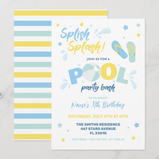 Uitnodiging Blauwe Zwembadfeestje (Voorkant / Achterkant)