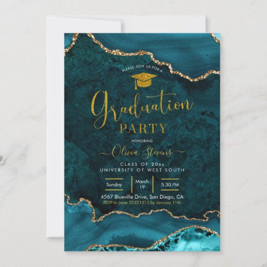 Uitnodiging blauwgroen en goudgewas-gewas-gegravee (Voorkant)