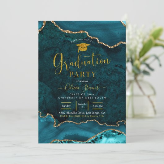 Uitnodiging blauwgroen en goudgewas-gewas-gegravee (Staand voorkant)