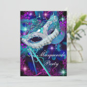 Uitnodiging blauwgroen en Paarse Masquerade Ball P (Staand voorkant)