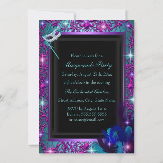 Uitnodiging blauwgroen en Paarse Masquerade Ball P (Achterkant)