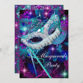 Uitnodiging blauwgroen en Paarse Masquerade Ball P (Voorkant / Achterkant)
