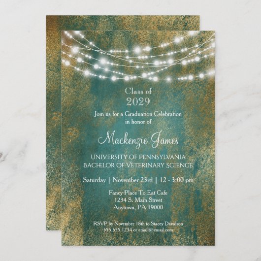Uitnodiging blauwgroen Gold Lights Graduation Part (Voorkant / Achterkant)