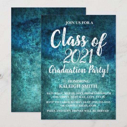 Uitnodiging blauwgroen Navy Blue White Graduation  (Voorkant / Achterkant)