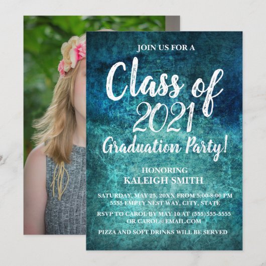 Uitnodiging blauwgroen Navy Blue White Graduation (Voorkant / Achterkant)