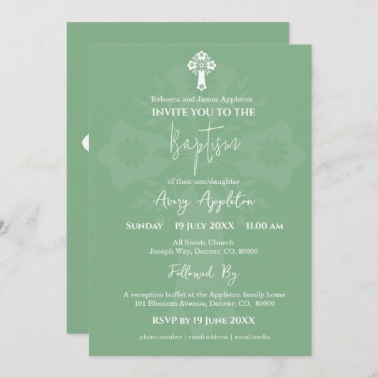 Uitnodiging Bloemenkruis Doop Sage Groen (Voorkant / Achterkant)