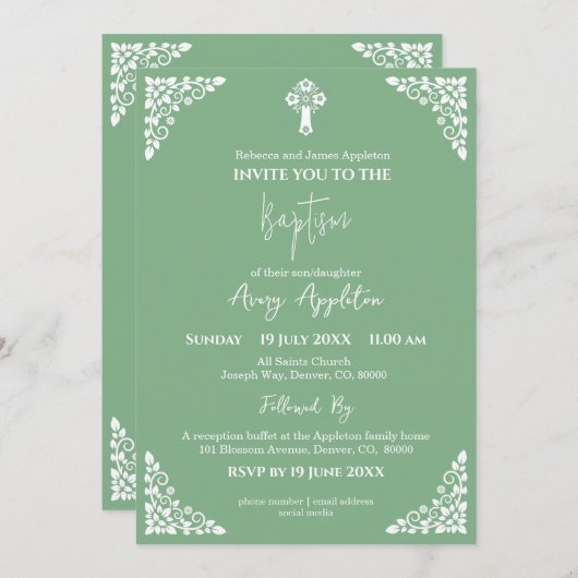 Uitnodiging Bloemenkruis Doop Sage Groen (Voorkant / Achterkant)