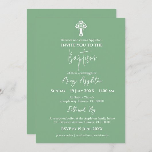 Uitnodiging Bloemenkruis Doop Sage Groen (Voorkant / Achterkant)
