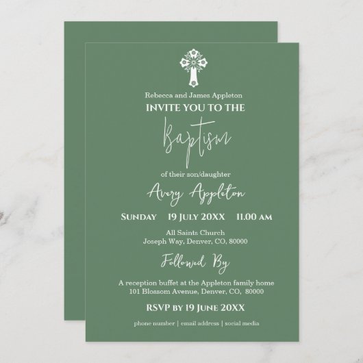 Uitnodiging Bloemenkruis Doop varen Groen (Voorkant / Achterkant)