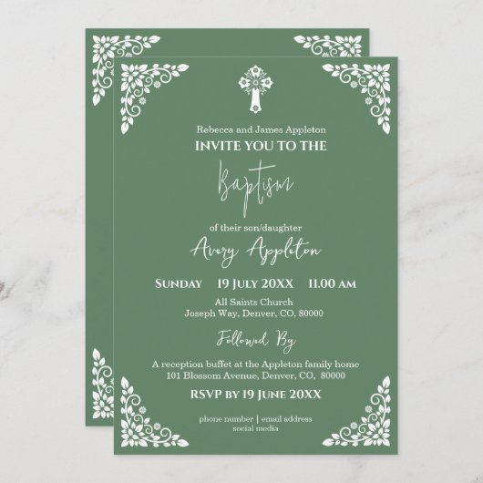 Uitnodiging Bloemenkruis Doop varen Groen (Voorkant / Achterkant)