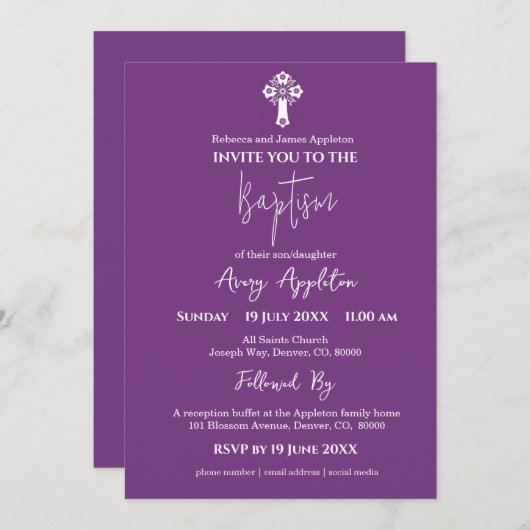 Uitnodiging Bloemenkruis Doop Zoete Pruim (Voorkant / Achterkant)