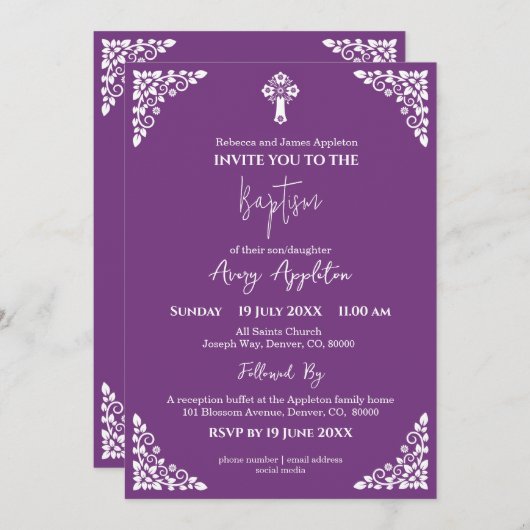 Uitnodiging Bloemenkruis Doop Zoete Pruim (Voorkant / Achterkant)